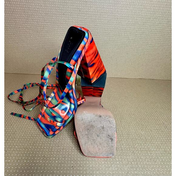 ASOS Design Colorful Orange Blue Heels Strappy‎ Square Toe Tie Up High Heel - Picture 7 of 12